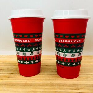 Starbucks Limited Holiday X'Mas Reusable Plastic Cup Travel Tumbler 16 oz 2cup